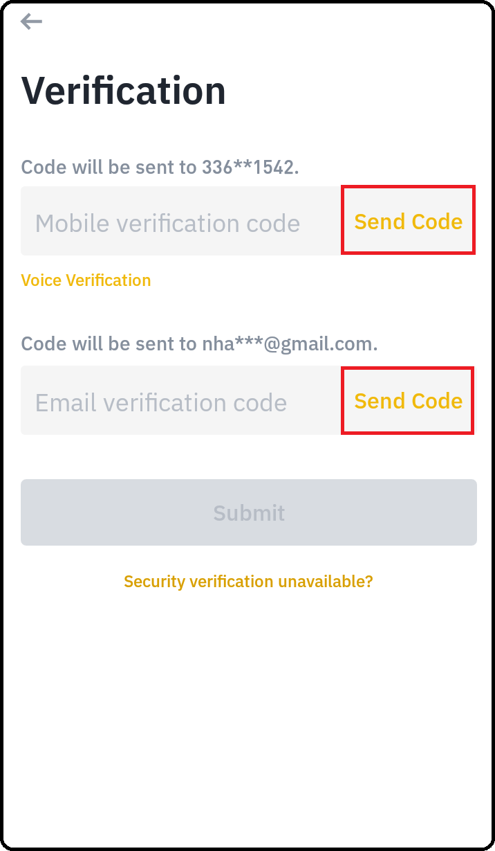 Request to receive email and mobile code 