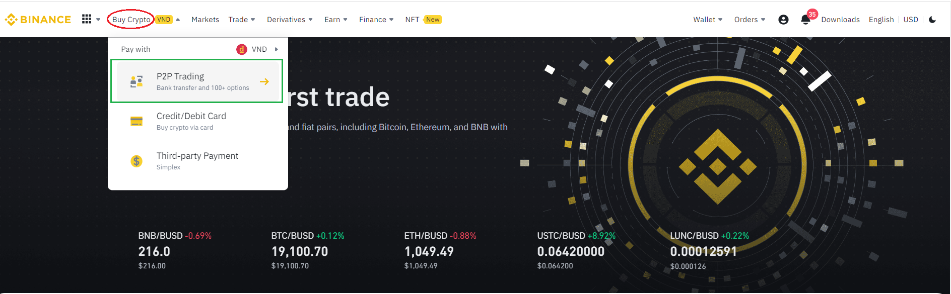 Select Buy Crypto then click P2P Trading