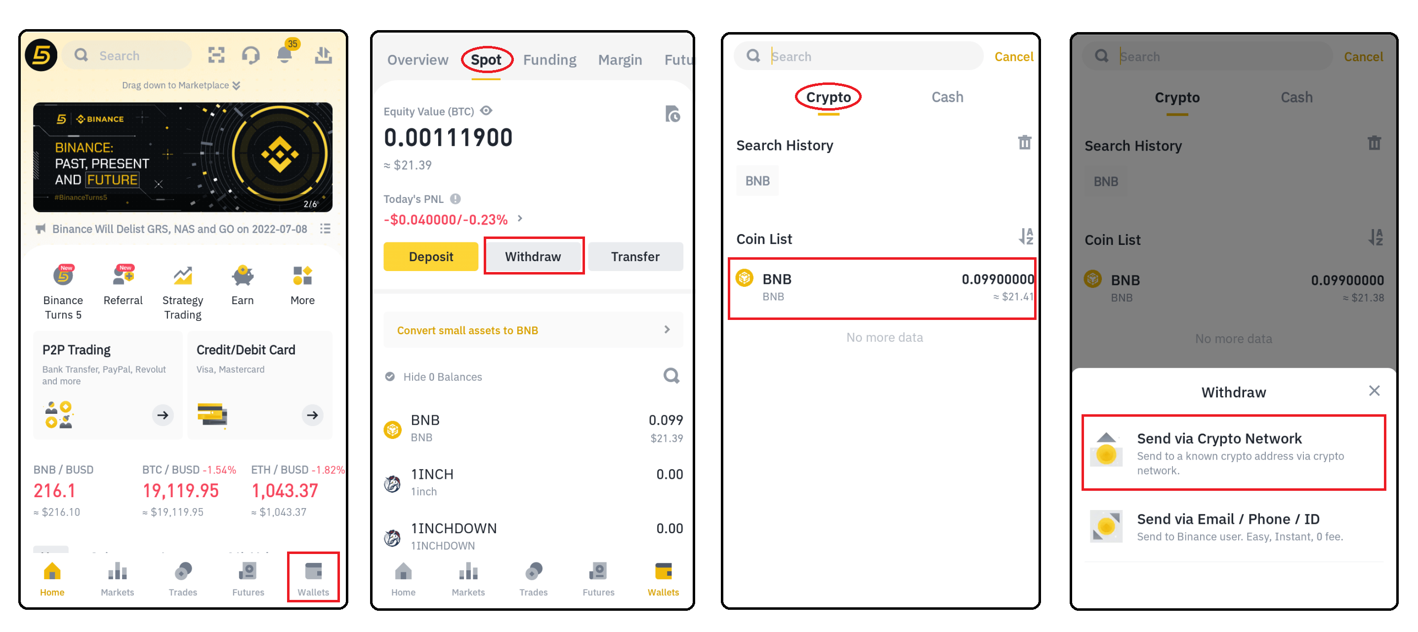 Click Wallets then Withdraw, choose type of crypto