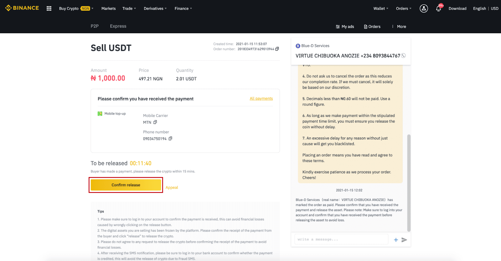 Confirm the receipt of money from the buyer and click Confirm release