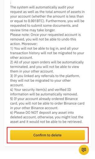 Finally reconfirmed to delete binance account