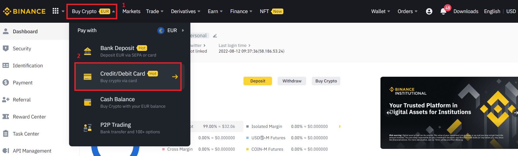 deposit crypto to buy BTC, ETH, BNB on Binanace