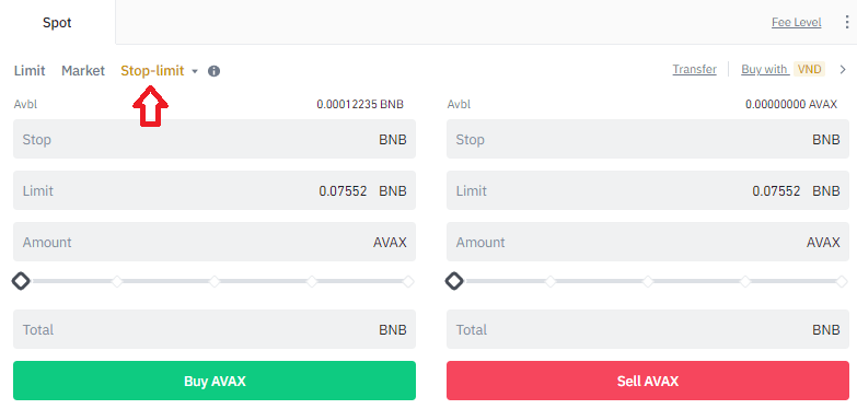 Giao dịch Stop limit mua bán coin Binance