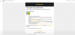 Email từ Binance chứa mã xác minh Email khi đăng ký Binance