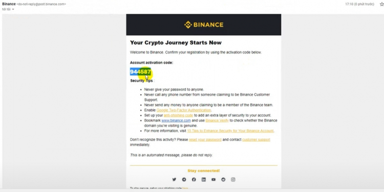 Email from Binance contains email verification code when signing up for Binance