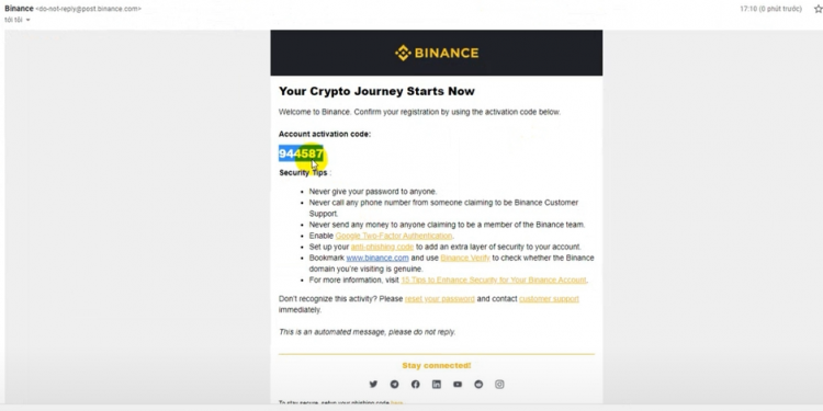 Email từ Binance chứa mã xác minh Email khi đăng ký Binance