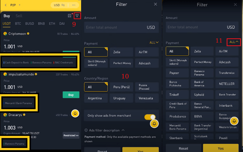 Click on filter icon, select payment method and country/region