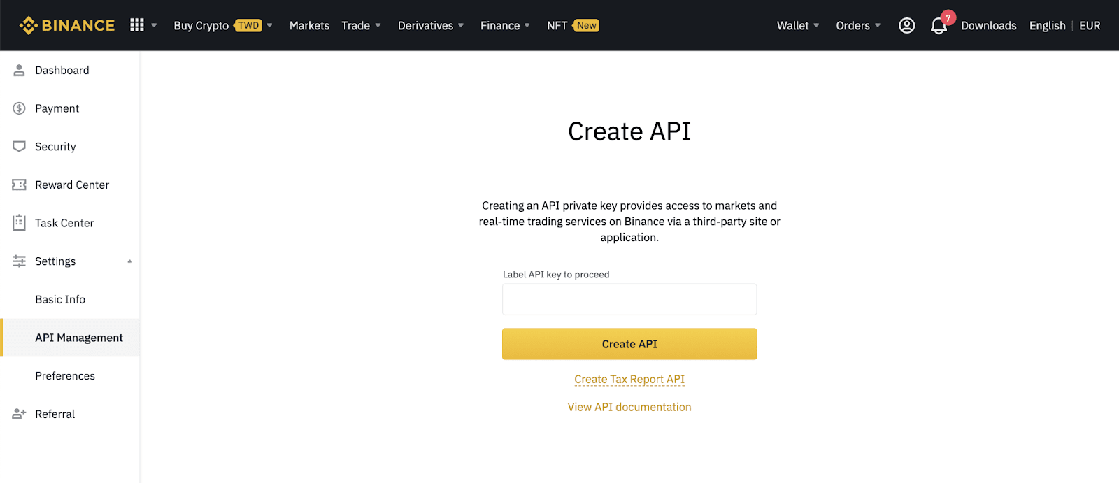 Enter the API key label then press Create API.