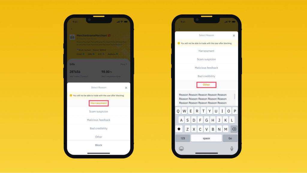 Choose the reason why you block user on Binance P2P