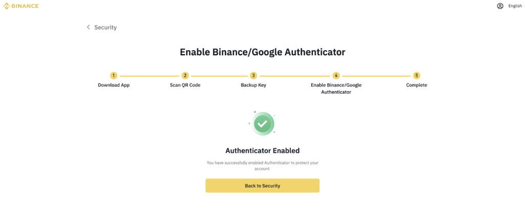 You have successfully enabled Binance Authenticator