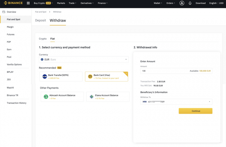 Choose the fiat currency, the payment method and enter the amount