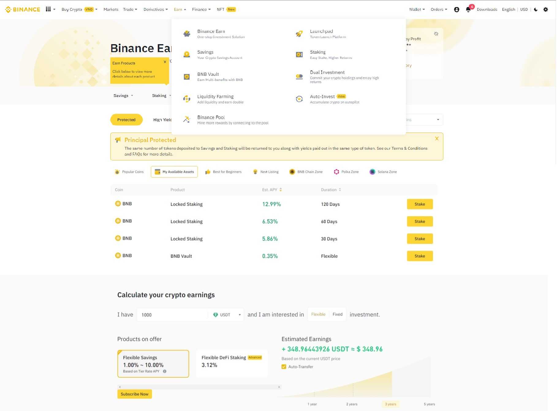 Binance Earn Home Page on Binance.com