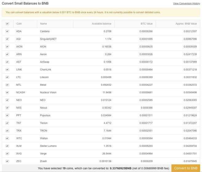 Cick [Convert to BNB] on the [Balances] tab