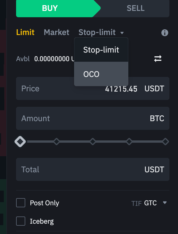 Click [Stop-limit order] to open the drop-down menu and select [OCO].