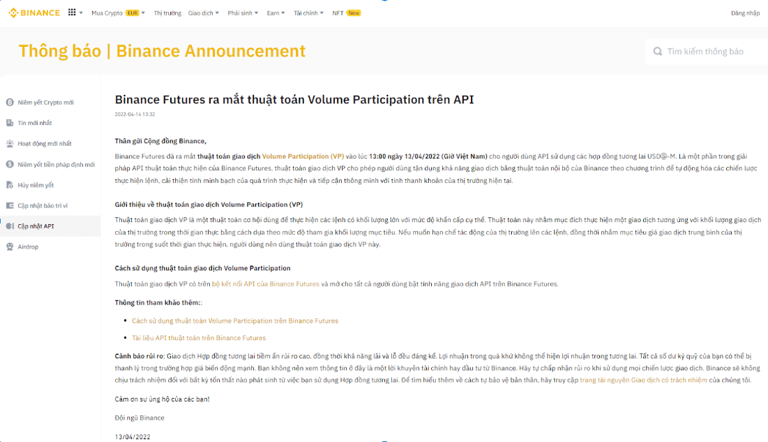 thông báo “Binance Futures ra mắt thuật toán Volume Participation trên API”.