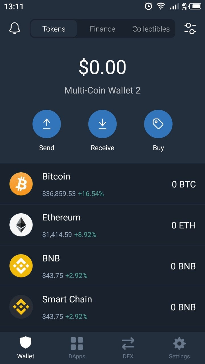 Tap BNB in your Trust Wallet