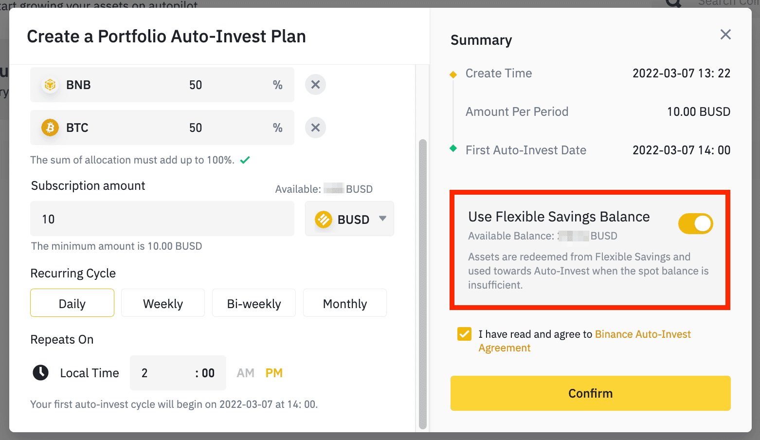 The dashboard shows all created auto-invest plan