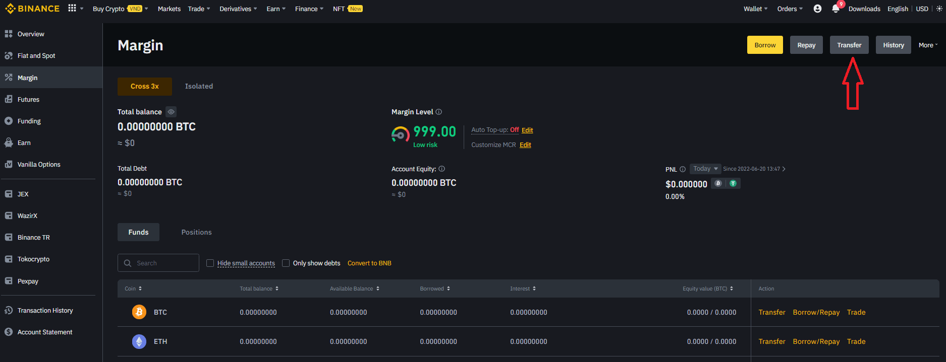 Transfer crypto to a Binance Margin wallet from other wallets