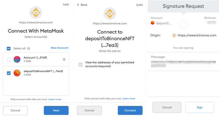 Select the account you want to connect to Binance NFT.