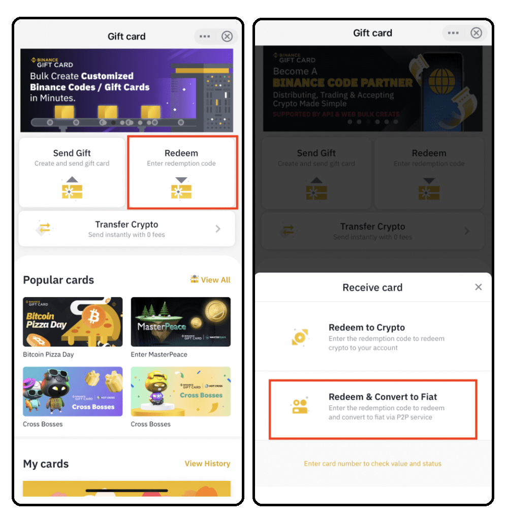 Instructions on how to redeem a Binance gift card