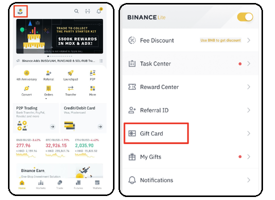 Instructions on how to redeem a Binance gift card