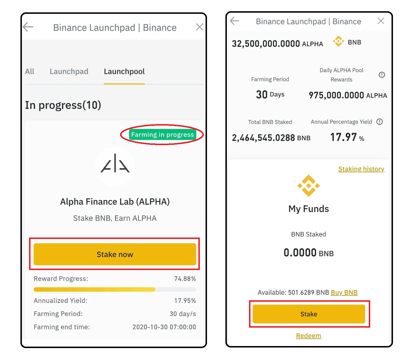 Select [Stake Now], then press [Stake]