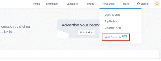 Click [Resources] and tap [Yield Farms List]