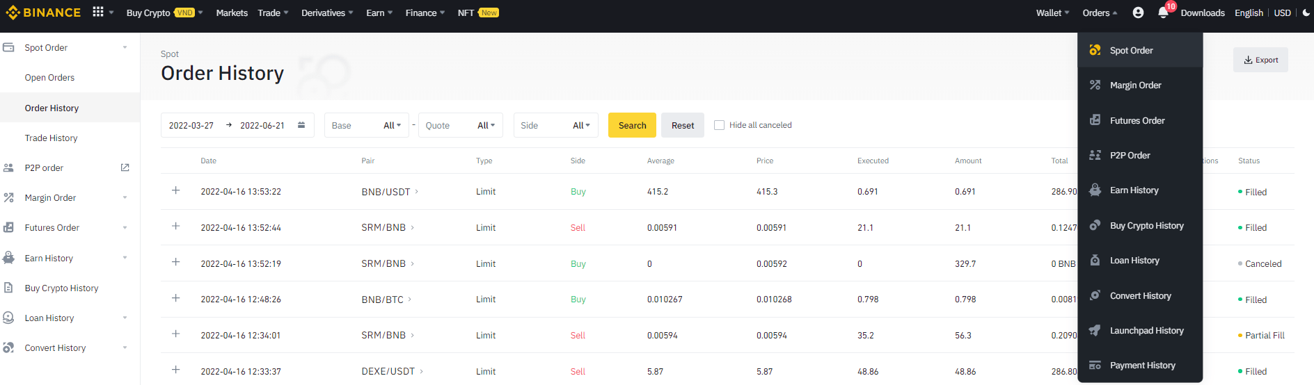 xem lịch sử giao dịch order history Binance